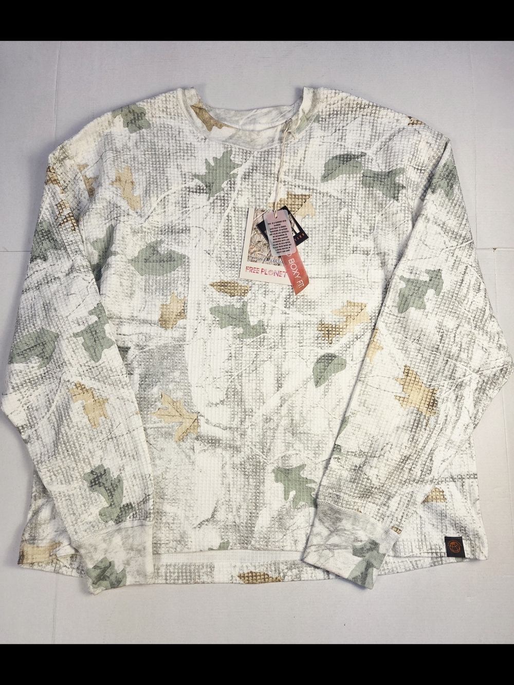 Free Planet White Crewneck Sweater with Green & Tan Leaf Print